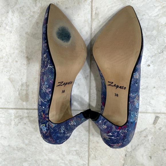 ZAPATO {38} Pumps Floral Fabric Blue Metallic Handmade - Picture 11 of 16